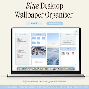 Organizzatore di sfondi desktop blu estetico + piano per laptop per studenti universitari, personale, programma settimanale/di lavoro, personalizzabile con Canva