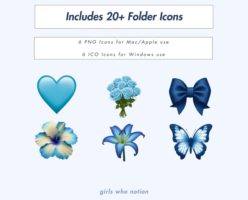 May include: A set of 20+ folder icons, including 6 PNG icons for Mac/Apple use and 6 ICO icons for Windows use. The icons are displayed on a light blue background with a heart, flower bouquet, butterfly, and hibiscus flower.