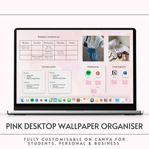Aesthetic Pink Desktop Wallpaper Organizer + Laptop Plan for College Student, Personal, Business, Weekly Schedule, Customizable with Canva