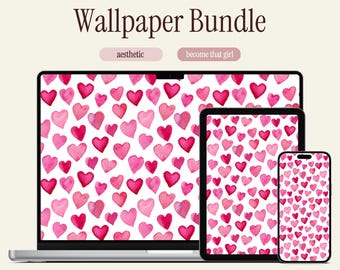 Pink Heart Wallpaper Bundle | Watercolor Aesthetic (Digital Download)
