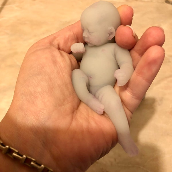 AVAILABLE Prototype full body silicone fantasy mini kit Milly 4.5” in super soft blend asleep bald