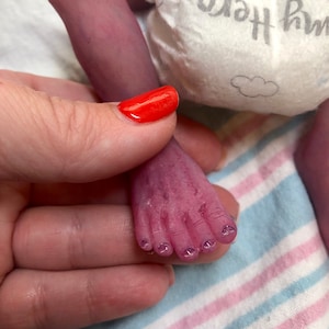 以下が含まれることがあります： 赤いマニキュアを塗った手で持たれた、赤ちゃんの足と脚のクローズアップ。赤ちゃんの肌は紫がかったピンク色です。赤ちゃんの足には、透明で丸みを帯びた爪の小さなつま先があります。「my Hero」という言葉が入ったおむつが見えます。