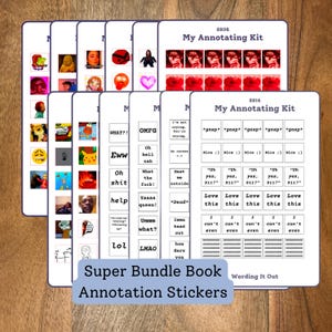 May include: A collection of annotation stickers with various meme-style images and phrases. The stickers are organized in kits labeled "SS06" and "SS14", with phrases like "Oh hell nah" and "Love this". The text "Super Bundle Book Annotation Stickers" is also visible.