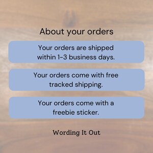 May include: Image with text: "About your orders" and details about shipping, including "Your orders are shipped within 1-3 business days," "Your orders come with free tracked shipping," and "Your orders come with a freebie sticker." The text "Wording It Out" is also present.
