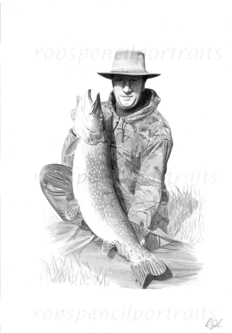 Fishing Portrait Hand drawn from your photo Bespoke Personalised Gift for Angler Fisherman From Artist Robin Woolnough image 6
