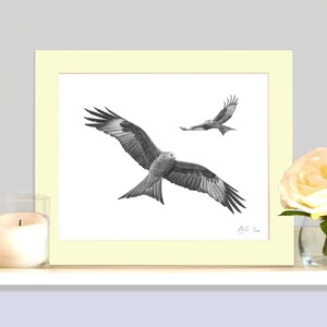 May include: A framed pencil drawing of two birds of prey in flight. The larger bird is in the foreground with its wings spread wide, showcasing detailed feather patterns. The second bird is smaller and in the background. The frame is light yellow.