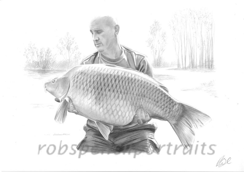 Fishing Portrait Hand drawn from your photo Bespoke Personalised Gift for Angler Fisherman From Artist Robin Woolnough image 4