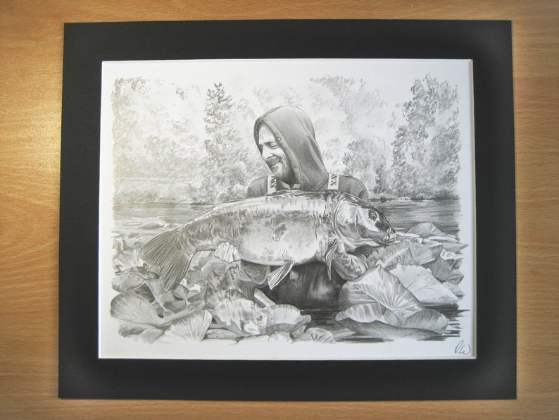 Fishing Portrait Hand drawn from your photo Bespoke Personalised Gift for Angler Fisherman From Artist Robin Woolnough image 2