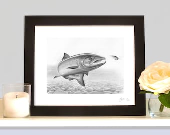 Fresh Run Salmon on the Fly Game Fishing Art Picture