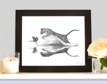 Tiger and Heron Wildlife Picture Limited Edition Print from Original Drawing