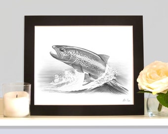 Brown Trout Jumping Fly Fishing Art Picture