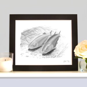 Puede incluir: Un dibujo a lápiz en blanco y negro de dos peces sobre un lecho de guijarros. Los peces están dibujados con detalle, con escamas y aletas visibles. El dibujo está enmarcado en un marco negro.