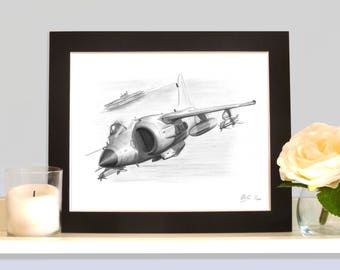 Sea Harrier Banking Over HMS Hermes Pencil Drawing Art Print Picture Wall Art Limited Edition Direct From Artist Signed