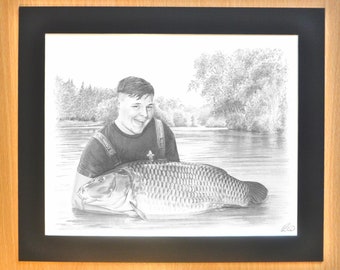 Fishing Portrait Hand drawn from your photo Bespoke Personalised Gift for Angler Fisherman From Artist Robin Woolnough
