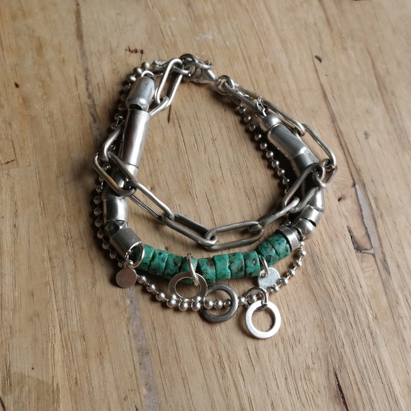 turquoise bracelet, sterling silver chains bracelet, boho silver 925, turquoise Heishi beads 6mm, multistrand bracelet