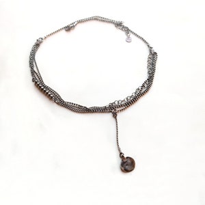 Sterling Silver Multi Strand Necklace with handmade Silver Disk, Oxidized Jewelry, Raw Jewelry