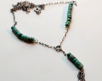 African Turquoise Necklace, Sterling Silver Chain, Blue Green Chokers, Wheel Turquoise Beads 4 MM