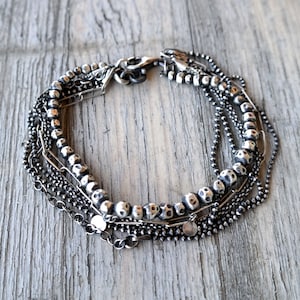 Multi Strand Sterling Silver Bracelet, Ball Chains, Beaded Bracelet, Oxidized Jewelry, Silver Chains