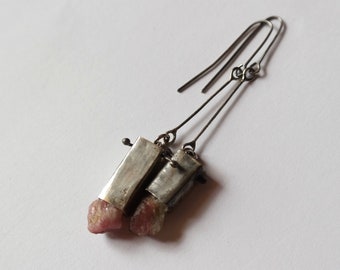 Sterling Silver Earrings, Raw Tourmaline Earrings, Tourmaline Crystal, Raw Jewelry, Long  earrings