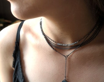 Silver Multi Strand Necklace with Labradorite, Sterling Jewelry, Raw Jewelry, Labradorite necklace