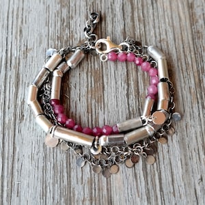 Tourmaline Bracelet, Pink Rubellite Bracelet, Sterling Silver Boho, Multistrand jewelry, Silver Chains ,