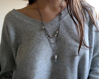 Raw Aqua Aura Sterling Silver Necklace, SilverJewelry, Raw Crystal Necklace, Amulet Necklace