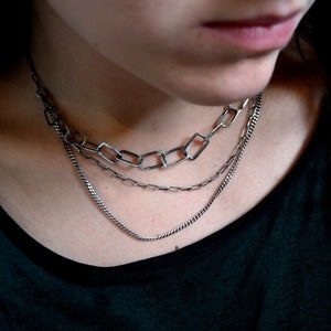Raw Silver Necklace, Handmade Chain, Oxidized Hammered Chain, Multi Strand Sterling Necklace,