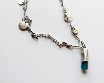 raw apatite sterling silver necklace, 925 silver, oxidized silver, blue gemstone jewelry, rough apatite necklace