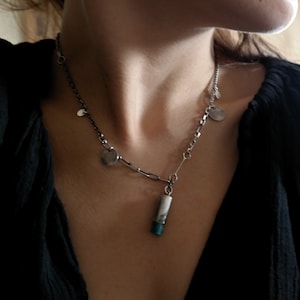 raw apatite sterling silver necklace, 925 silver, oxidized silver, blue gemstone jewelry, rough apatite necklace
