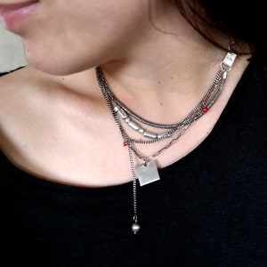 Sterling Silver Necklace, Square Pendant Necklace, Red balls, multistrand Necklace, necklace layered silver