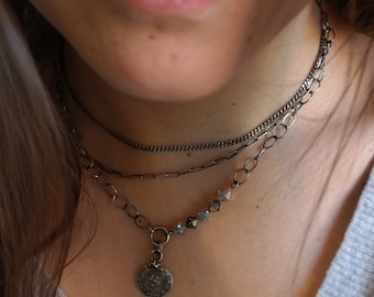 Sterling Silver Necklace, Silver Jewelry, Multi Strand Disc Necklace