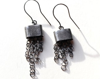 Handmade Sterling Silver Dangle Earrings, Chains Earrings, Raw Silver Jewelry, Oxidized Silver