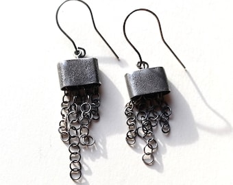 Handmade Sterling Silver Dangle Earrings, Chains Earrings, Raw Silver Jewelry, Oxidized Silver