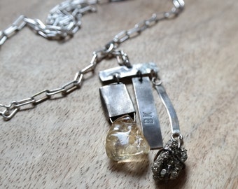 Citrine Silver Necklace, Raw Citrine Big Pendant, Long Pyrite Crystal Necklace Boho Necklace Pyrite Stone