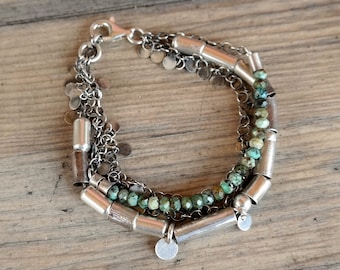 african turquoise bracelet, sterling silver bracelet, boho silver 925 raw silver, turquoise beads 4mm
