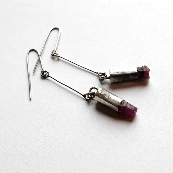 Sterling Silver Earrings, Raw Ruby Long earrings, Ruby Gemstone, Dangle Earrings, Raw Silver Jewelry,