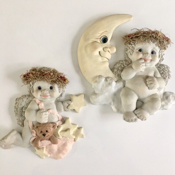 Vintage Celestial Angel Cherub Wall Hanging Plaques Moon - Angel Wall Decor Plaques Vintage Celestial Angel Cherub Wall Hanging Plaques Moon - Angel Wall Decor Plaques