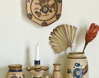 set of 3 mexican pottery flower bud vase / tonala mexico hand painted folk art  vase