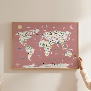 Póster de mapa del mundo animal (50 x 70 cm), mapa infantil, lámina para guardería, póster educativo, mapa del mundo rosa, póster para habitación de niña.