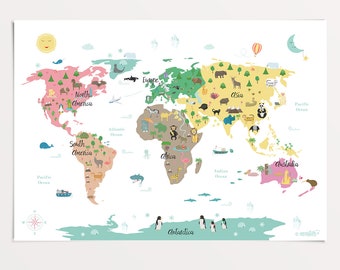 Animal World Map Poster, Kids Print Art, Children's Map, Nursery Wall Art, Kids Room Decor, Educational Poster