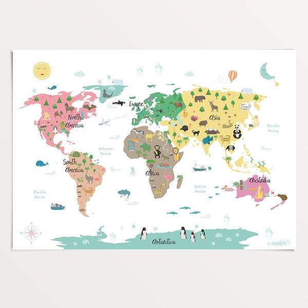 Animal World Map Poster, Kids Print Art, Children's Map, Nursery Wall Art, Kids Room Decor, Educational Poster