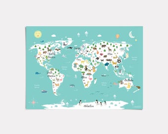 Printable Animal World Map Poster, 14x11 in, 20x16 in, 30x20 in, 36x24 in, Map for Kids, Nursery Print, Educational Poster