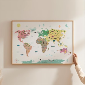 Poster dierenwereldkaart, kinderprintkunst, kinderkaart, kunst aan de muur kinderkamer, decor kinderkamer, educatieve poster