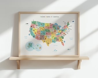USA Map Poster, Educational Kids Room Decor, Nursery Wall Art