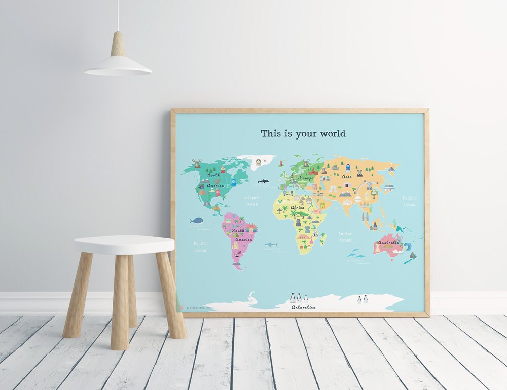 Printable Kids World Map Poster, A3, 11x14 In, 24x36 in Nursery Poster ...