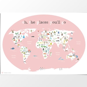 Afdrukbare roze wereldkaartposter voor kinderen, 11 x 14 inch, 20 x 16 inch, 24 x 36 inch kinderkamerposter, educatieve poster