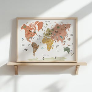 Tiere Weltkarte Poster, lehrreiche Wandkunst für Kinder, Kinderzimmer Dekor, Tierkarte Poster, Geschenk für Kinder