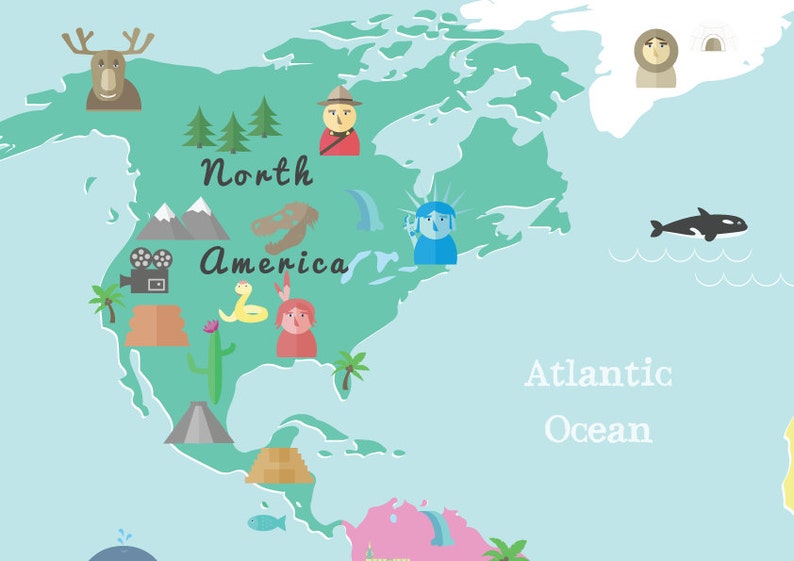 printable kids world map poster a3 11x14 in 24x36 in etsy