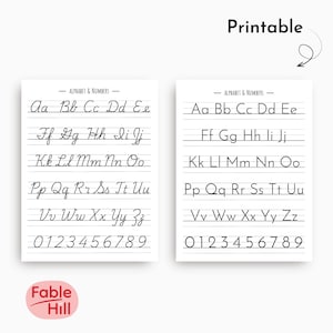 May include: Two white printable alphabet and number charts. Each chart displays the alphabet in cursive, along with the numbers 0-9. The text "Alphabet & Numbers" is at the top. The word "Printable" is at the top right, and the Fable Hill logo is at the bottom left.