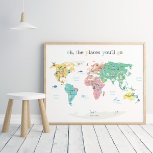 World Map Poster with Iconic Landmarks – Illustrated Wall Art